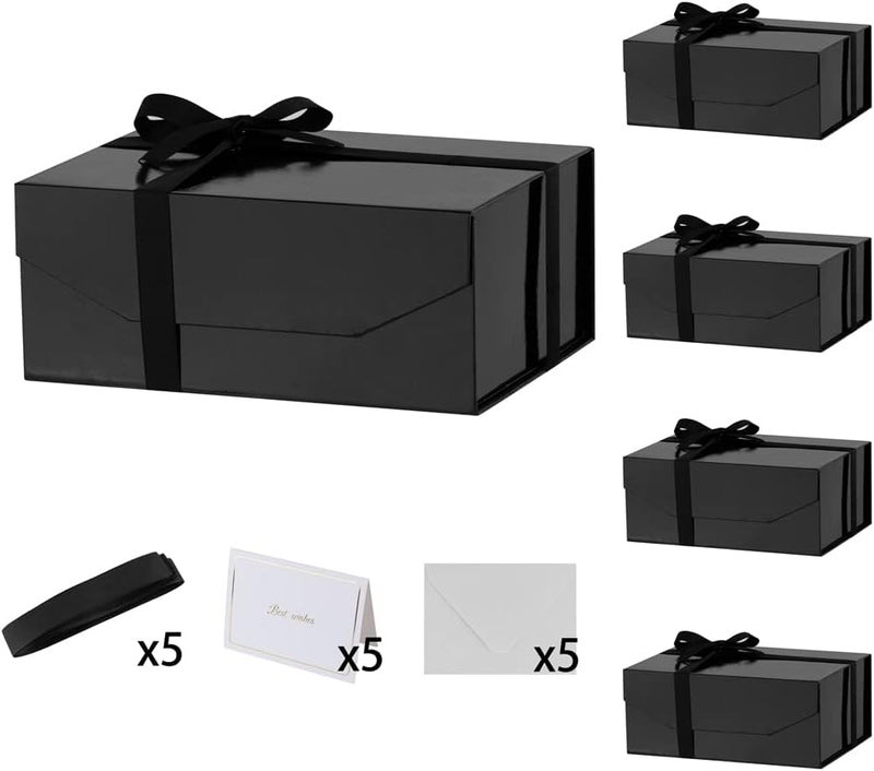 PACKGILO 5PCS Black Gift Box with Ribbon 9.5x7x4 Inches，Sturdy Gift Box with Lid for Gift Packaging, Foldable Magnetic Closure Storage Boxes, Bridesmaid proposal box, Rectangle Collapsible Box - Image 1